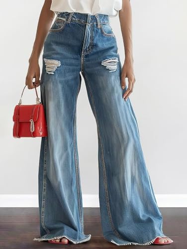 Flamingals High Waisted Wide Leg Jeans for Women Trendy Ripped Distressed Raw Hem Flare Baggy Jean3