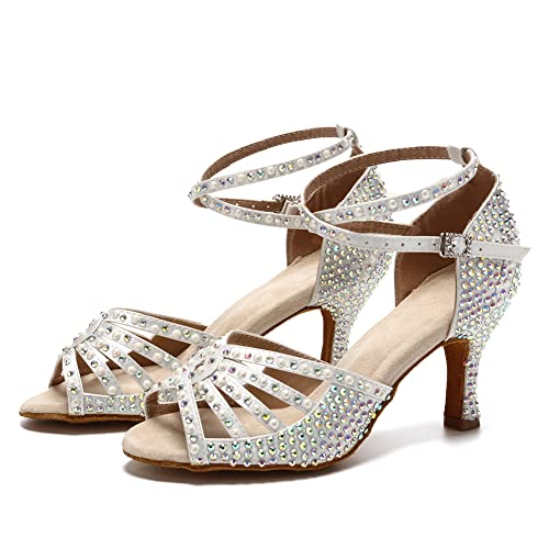 Image of JUODVMP Women's Latin Dance Shoes Rhinestones Satin Ballroom Dancing Shoes Salsa Professional Dance Shoes