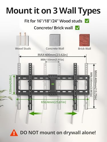 Image of USX MOUNT Tilting TV Wall Mount for Most 37 inch-95 inch Flat Curved Screen Television, TV Bracket with Max VESA 600x400mm up to 132lbs, Low Profile Tilt Mount for 16 inch, 24 inch Stud (Pack of 2)