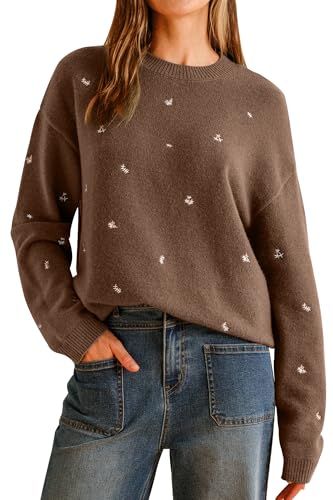 Arach&Cloz Sweaters for Women 2025 Fall Winter Fashion Blouse Wool Blend Oversized Long Sleeve Shirt Crew Neck Floral Printed Pullover Casual Trendy Cozy Outfits Coffee Chocolate Brown M