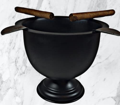 Cigar Ashtray Made In Iron Metal Tall Deep Bowl Box Pressed Wind Resistant Ashtray With 4 Stirrup (Black) #TOP2