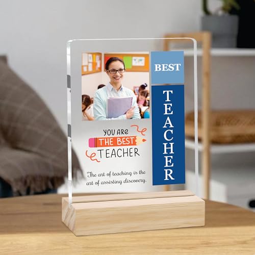 Image of Giftplease Best Teacher Plaque | Personalized Photo Frame with Wooden Stand | Appreciation Gift for Teachers | Teacher's Day Retirement Farewell Gift (Custom Photo & Text CTH 01