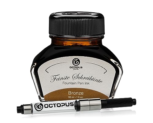 Octopus Fluids Füllhaltertinte im Tintenglas inklusive Konverter, Schreibtinte für Füllhalter, Füllertinte in Bronze 30ml mit Tintenkonverter