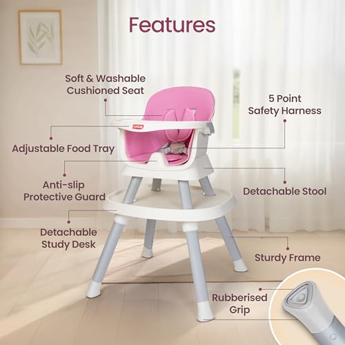 Image of Luvlap Imperial 6in1 Baby High Chair with Learning Table & Stool, Booster Chair with Food Tray, 5 Point Harness, Foldable and Compact Travel Friendly, Baby Chair for 6 to 48 Month, Lightweight, Pink