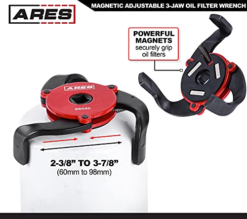 Ares 56040 – Red Adjustable Magnetic 3-Jaw Oil Filter Wrench – 2 3/8-Inch To 3 7/8 Inch (60Mm To 98Mm) Range – Use With 3/8 Or 1/2-Inch Drive Ratchets #TOP2
