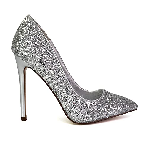 Womens Glitter Stiletto Heel Pointed Toe Ladies Sparkly Party Court Shoes Size 3-8