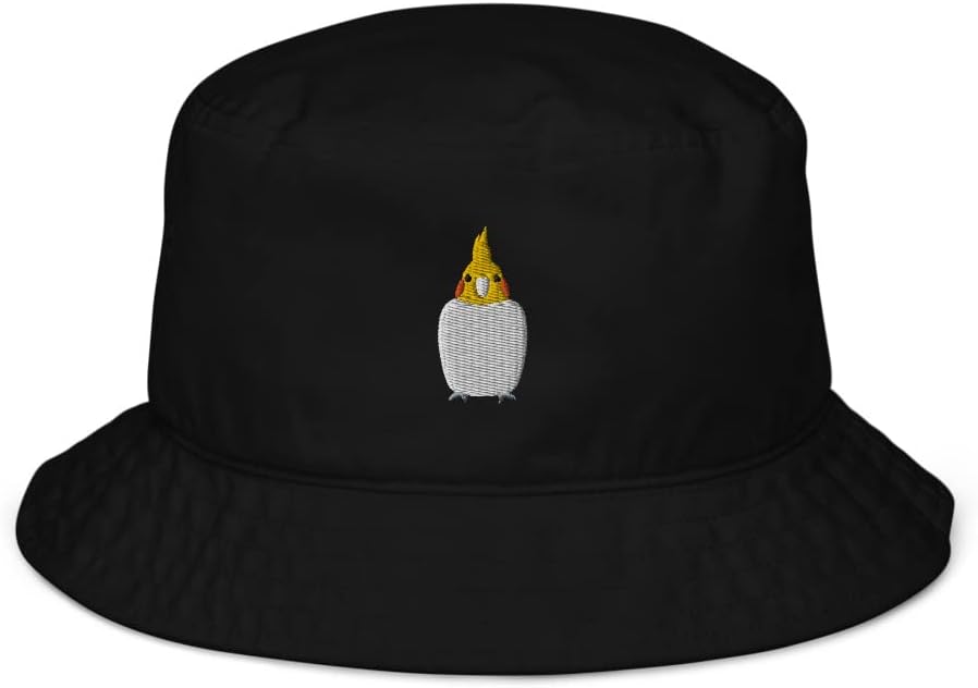 Cockatiel hat, Embroidered Unisex Organic Bucket hat, Cockatiel Gift, Cockatiel Whole Body, Design 1.