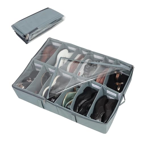 DOUBLE R BAGS Under Bed Shoe Organizer with Zipper—Dustproof & Space-Saving Storage for Sneakers, Heels & Boots, Adjustable Compartments, 24.5 x 29 x 5.5 Inch. (NW Grey, Pack of 1)