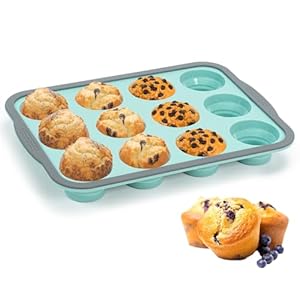 Yikki Silicone Muffin Trays with Metal Frame, 12 Cup Regular Size Silicone Muffin Cupcakes Tin, Non Stick Yorkshire Pudding Tray, Baking Mold Cupcake Tray for Mince Pie 31x22x3.6cm