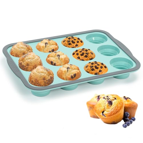 Muffin Backform für 12 Muffins Standardgröße, Muffinform Silikon mit Metallrahmen, Antihaftbeschichtet Muffinblech, Silikon Muffinförmchen für Cupcakes, Brownies, Puddings, BPA-Frei
