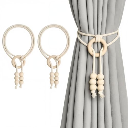 Image of HASTHIP 2 Pack Cotton Rope Curtain Tiebacks Boho Handwoven Holdbacks | Handwoven boho cotton rope curtain tiebacks with wood ring for living room bedroom window decor