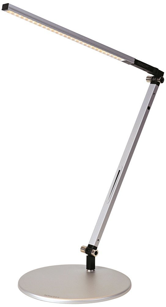 Koncept Z-Bar Solo Mini LED Desk Lamp in silver finish, fully assembled on a desk.
