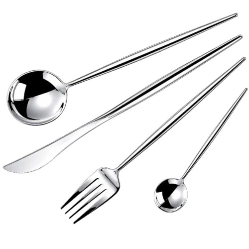 Image of 12 Pcs Silver Slim Handle Stainless Steel Cutlery Set for Dining Table with Spoons and Forks Set + Butterknives - The Perfect Tableware /Flatware