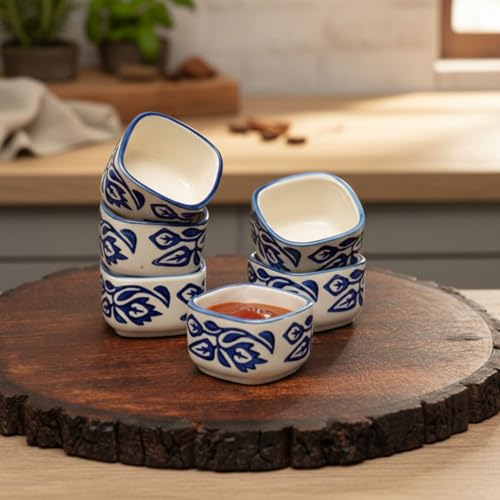 Image of Freakway Handpainted Floral Studio Pottery Ceramic Chutney Bowl Set (40 ML, Small, Set of 6, Blackand Off White)
