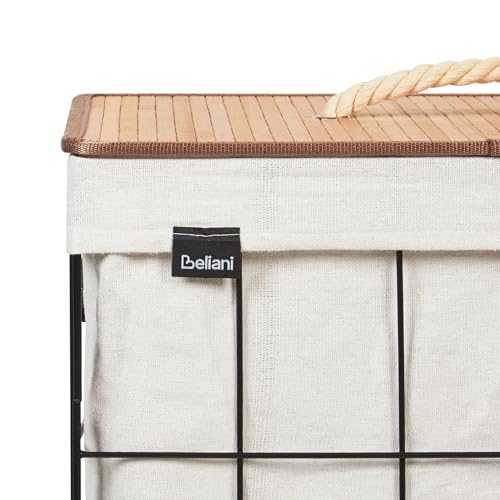 Cesta de metal moderna para ropa sucia con tapa extraíble de bambú negro y madera clara Mirissa - imagen 8