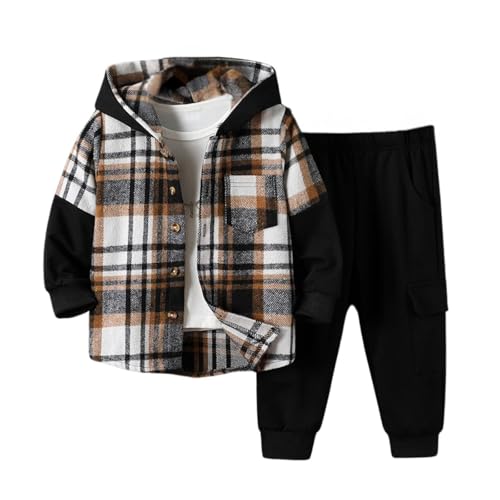 Image of OLMRJKD Toddler Baby Boy Clothes Plaid Long Sleeve Hoodie Sweatshirt + Pants 2pcs Boys Outfit Set