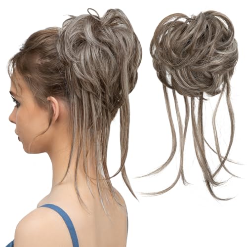 CJL HAIR Messy Bun Hair Piece Curly Hair Bun Extensions with Straight Tails Synthetic Hair Scrunchies Ponytail Hairpieces for Women Middle Grey