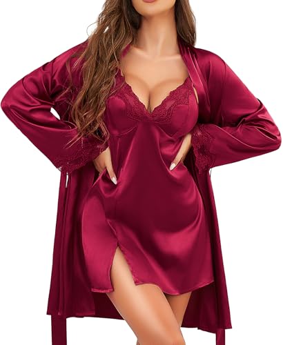 Image of RSLOVE Women's Satin Sleepwear Set - 2 Piece Lace Cami Nightgown and Long Sleeve Robe Sexy Silk Pajamas Lingerie for Women