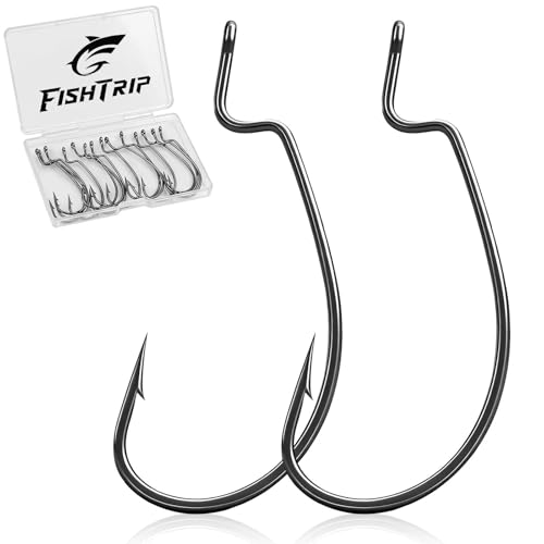 FishTrip 50pcs EWG Fishing Hooks, Bass Fishing Hooks, Offset Worm Hooks, Texas Rig Hooks, Live Bait Hooks, Size 1/0