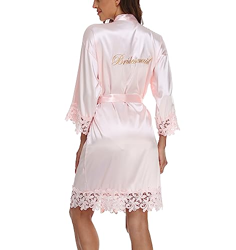 Crystal Dew Women\'s Lace Trim Bride Kimono Robes with Embroidery Bridal Silky Satin Bathrobe Wedding Party Sleepwear, bridesmaid, pink