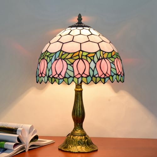 Blivuself Pink Tulip Stained-Glass Tiffany Table Lamp (18in, Corded) — view 2