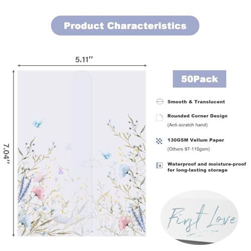 ABIDISO Pacote com 50 jaquetas de veludo para convites de 13 x 18 cm - papel velino pré-dobrado, 130