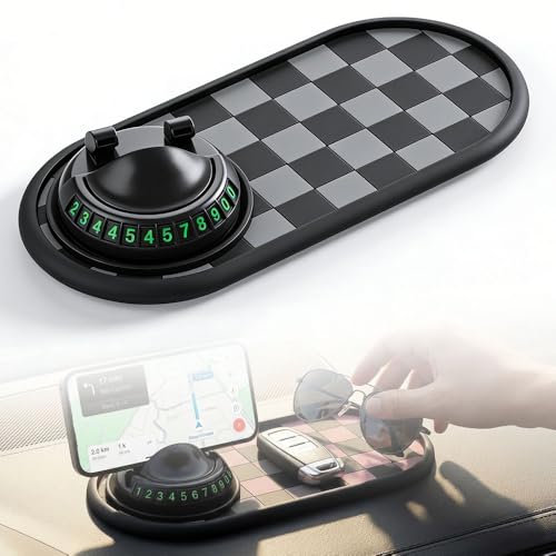 2026 New Multifunction Car Anti-Slip Mat 360 Rotatable Phone Holder Dashboard Pad with Hidden Parking Number Plate Car Anti Slip Pad Phone Holder for Phone Keys Sunglasses (Gray)
