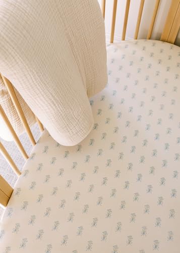 Image of Oilo Crib Sheet, Breathable, Fitted, Organic Cotton Jersey, 300-Thread, Machine Wash, Fits Standard Crib (28 inch x 52 inch x 9 inch), Toddler Bedding, Heirloom Organic Collection, Lily Bouquet