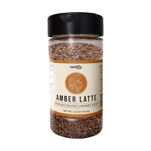 Zestify Amber Latte – Espresso Salted Caramel Seasoning Blend |BBQ Grilling, Popcorn Topper, Desserts, & Breakfast | Gourmet Spice Mix (5.3 oz Shaker)