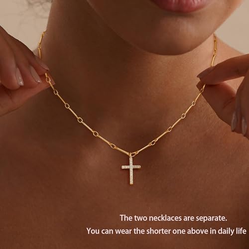 Cross Necklace for Women, 14k Gold Plated Long Cross Pendant Necklace Stack Layered Gold Necklaces for Women Trendy Dainty Layering Cross Lariat Necklace Set Fashion Womens Jewelry4
