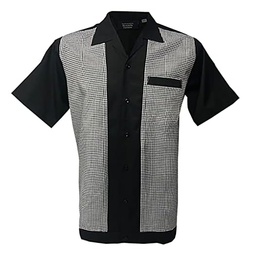 Rockabilly Fashions herr skjorta med knappflik i stil 50-tals- och 1960-talet, vintagestil retro, svart/vit, S-3XL