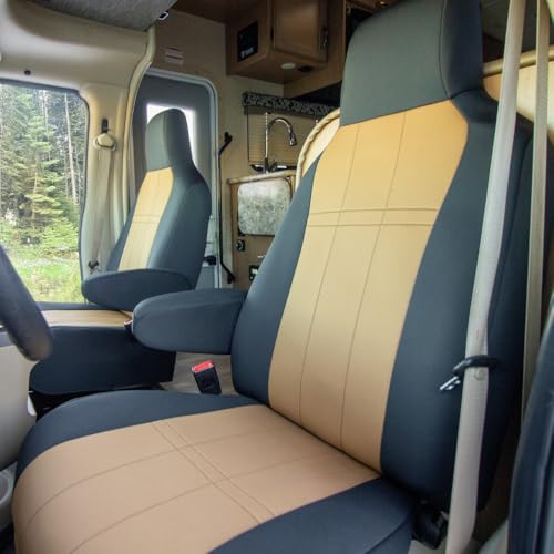 Neosupreme Seat Covers for 2012-2026 Ford E450 RV Vans. (eg Thor Chateau, Forest River Forester & Others) (Black with Tan)