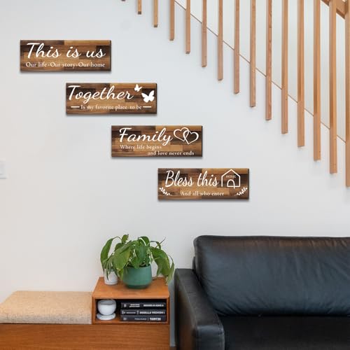 4 Pieces Home Wall Signs, THIS IS US/TOGETHER/BLESS THIS HOME/FAMILY Wall Decor For Living Room Bedroom, Rustic Wooden Farmhouse Wall Art , 4.7 x 13.8 Inch(Brown) - Image 5