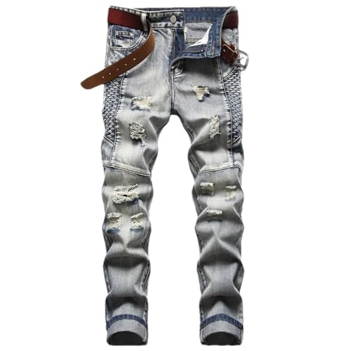 Men's Ripped Jeans (Without Belt) Slim Straight Denim Pants Casual Hip Hop Streetwear