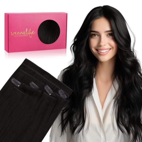 Image of WENNALIFE Invisible Edge Seamless Clip in Hair Extensions Real Human Hair | 14'' 111g 7pcs Jet Black. Ultra-Thin PU Weft, Easy, Comfortable Clip in Luxury Remy Hair Extensions