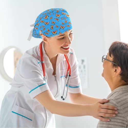 Image of Colored Butterflies Scrub Caps Women Ponytail, Adjustable Bouffant Surgical Caps with Button, Nurse Hats Long Hair