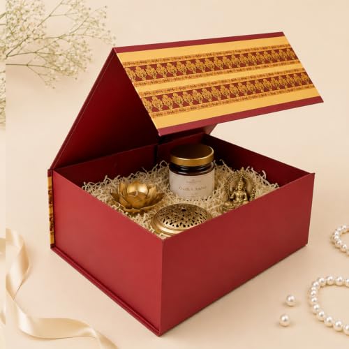 Image of Kura by Ekhasa Large Foldable Gift Box (26.5 x 21 x 11 cm) | Magnetic Closure, Traditional Printed Temple Design, Saree Packing, Hamper Packaging, Wedding, Festive & Housewarming Gifting