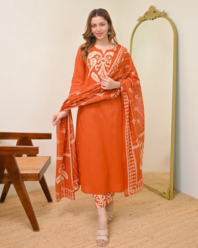 Image of GoSriKi Kurta Sets for Women Viscose Printed | Kurta Pant Dupatta Set | Straight Kurti Set for Women | Round Neck V-Slit 3 /4 Sleeve Ethnic Suit | Designer Indian Kurti Outfit with Pants