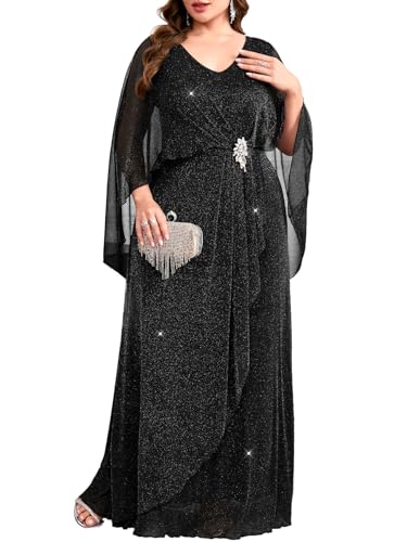 TIARALY Women's Plus Size Glitter Evening Dress Long Cape V-Neck