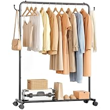 Homde Heavy Duty Clothes Rack 120lb Standing Garment Storage for Indoor - Rolling Hanging Rod for Bedroom Laundry Room - Coat Dress Organizer on Wheels with luggage shelf Black, 46.5"