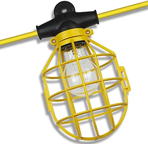 Construction Lights, Work Lights, String Light, Portable String Lights, Temporary Lighting, 100 Foot String with 10 Medium Base Sockets Indoor and Out-Door, Caged Worklight (100FT) (Non Extendable)
