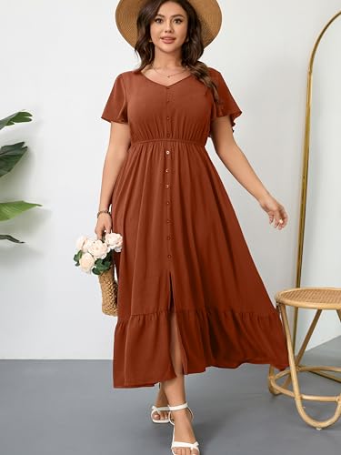 Image of RWJ Women Plus Size Maxi Dress V Neck Short Sleeve Button Trim Split Flowy Tiered Casual Long Dresses 2025 L-3XL