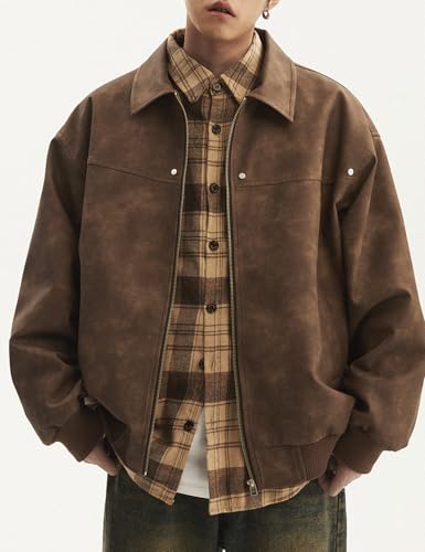 Image of Silent Vortex Men's Oversized Faux Leather Zip Up Bomber Jacket 90S Vintage Biker Racing Moto Jackets Streetwear Coats