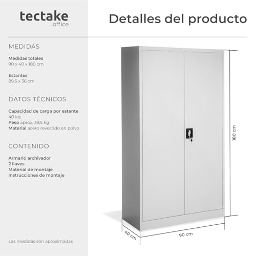 Miniatura 2 de Tectake Armario Archivador De Oficina Metálico Con 2 Puertas Bloqueable E Estantes - Varias Tamaños - 180x90x40 Cm No. 402483