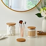 Glass Qtip Holder Dispenser with Bamboo Lid - 2 Pack Apothecary Jars - Cotton Balls Pads Swabs Holder Jar - Bathroom Vanity Canisters Jars for Countertop Storage and Organization - Image 3
