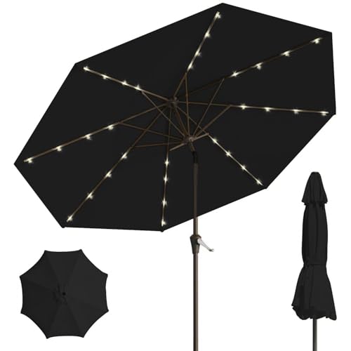 Image of 9' Solar LED Patio Umbrella with Tilt & Crank|8 Sturdy Ribs,UV Protection,Outdoor Market Table Umbrella for Deck,Lawn,Pool,Backyard(Black)