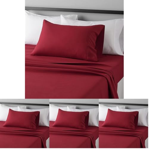Image of Amazon Basics Lightweight Super Soft Easy Care Wrinkle Free Microfiber 3 Piece Bed Sheet Set with 14-Inch Deep Pockets,Twin,Burgundy,Solid,Kids,Men & Women Bedding,(Pack of 4)
