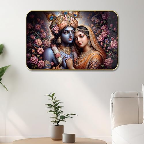 Masstone Radha Krishna Crystal Embedded High Gloss Wall Painting, Golden Slim Frame, 45x30 Cm Wall Art for Living Room, Bedroom, Office & Home Décor (HG07)