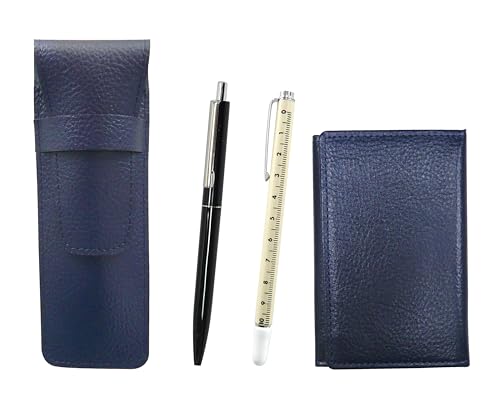 牛革青ペンケースと名刺入れ スライドメジャー指示棒とノック式ボールペンsince1970セット 黒 SASL-MEIL-708W-AP200BP-B