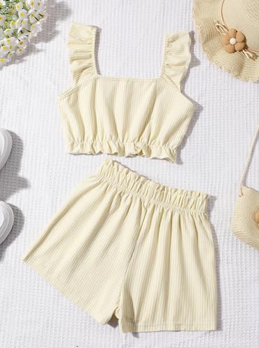Image of Girl's Summer Clothing Sets Knit Ruffle Striped T-Shirt and Shorts 2 Piece Outfits
